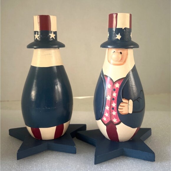 Pair Of Uncle Sam Wooden Americana Folk Art  Figurines Star Base USA Patriotic - Picture 3 of 6